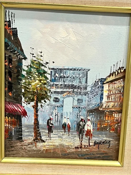 Vintage Oil Painting Parisian Street Gold Tone Ornate Frame 13" x 15" - Picture 10 of 14